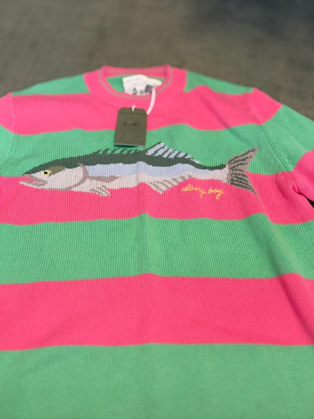 NWT Dairy Boy Fish Knit Sweater Pink Green Striped XS/S
